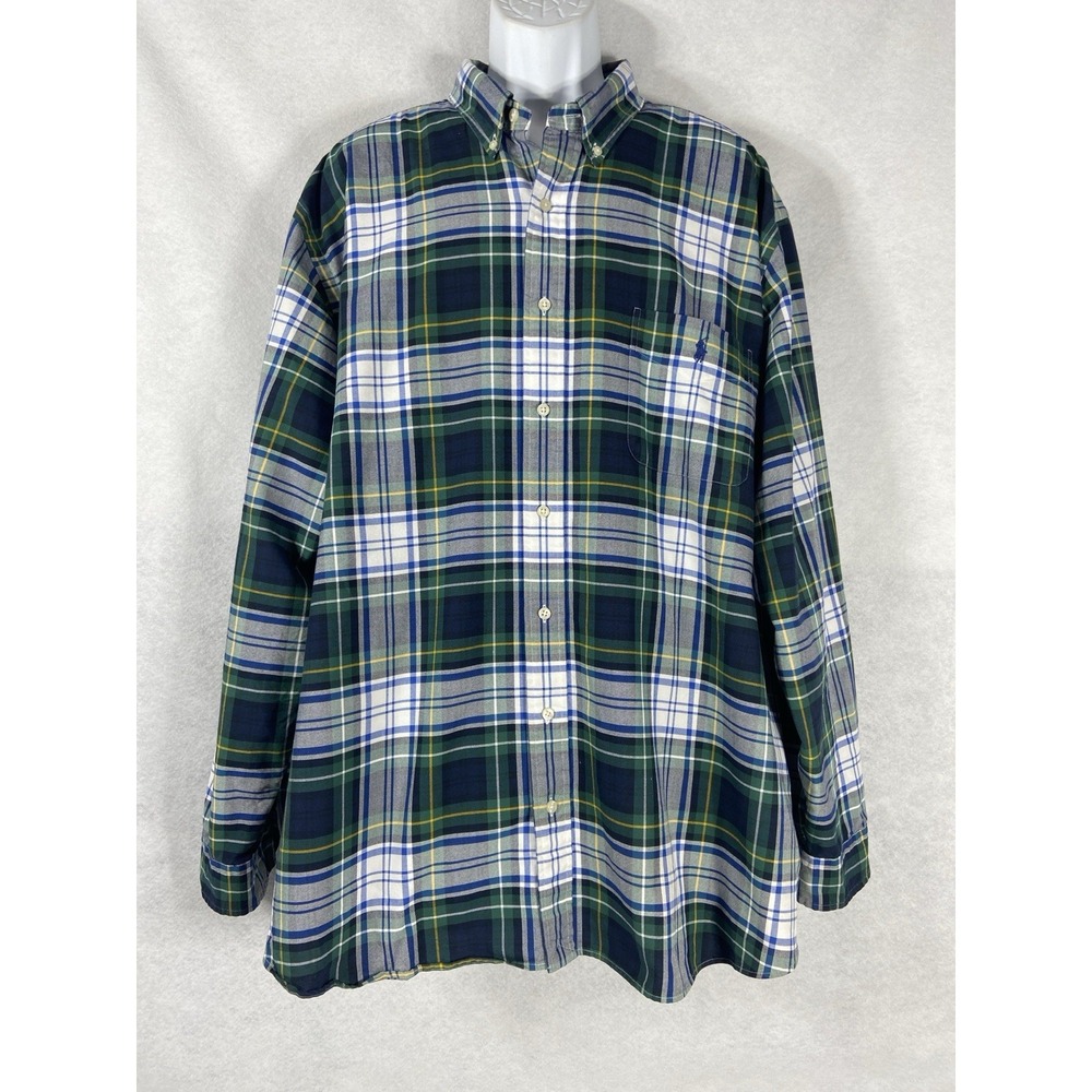 Polo Ralph Lauren Oxford Shirt Mens 3XB Green White Button Down Plaid Cotton